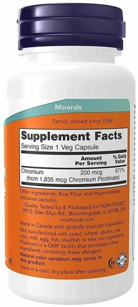 NOW Chromium Picolinate 200 mcg. 100 раст. капсул